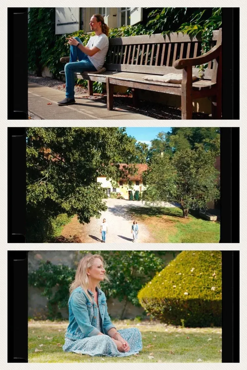 Collage mit Maik auf einer Bank und Barbara Andrey im Garten beim Videodreh von «Du sagst».