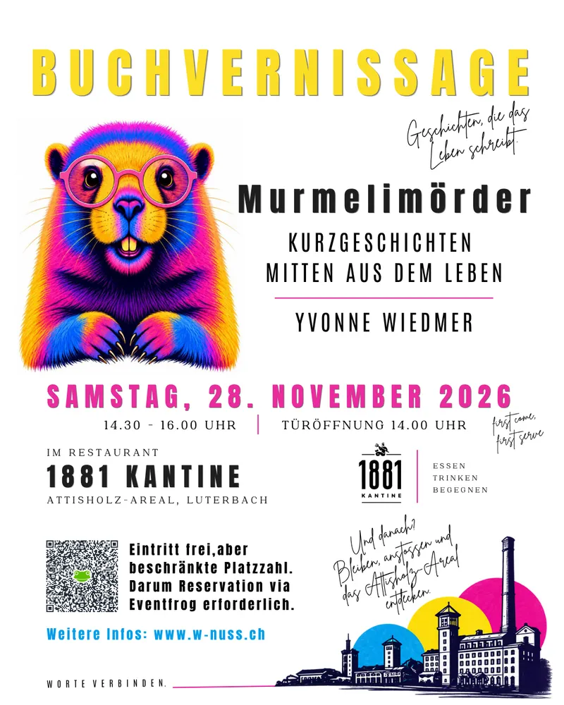 Veranstaltungsflyer: Murmelimörder, 28. November 2026. Alle Veranstaltungsdaten stehen auch neben dem Bild.